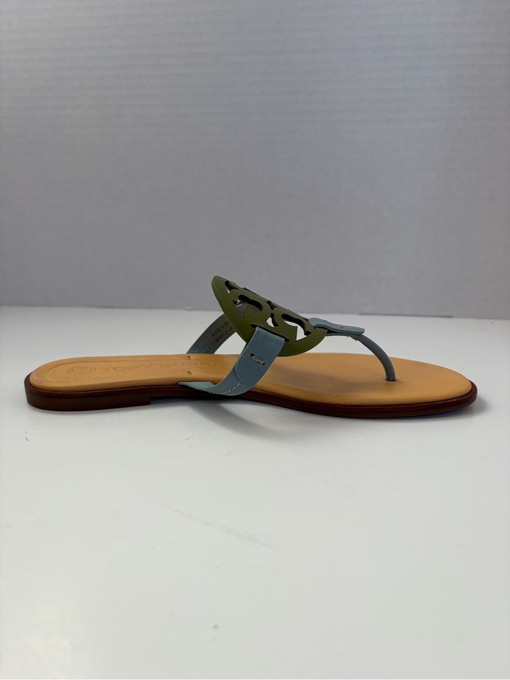 Tory Burch Miller Sandals Double T Logo Leather Green Tan Northern Blue Size 9M - Picture 14 of 16